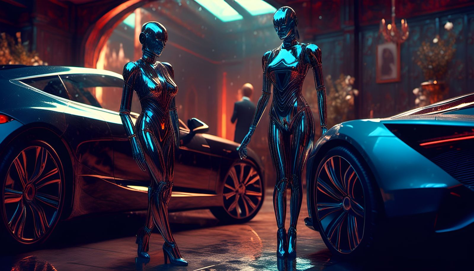 Android Butler Helping Lady into Exotic Car