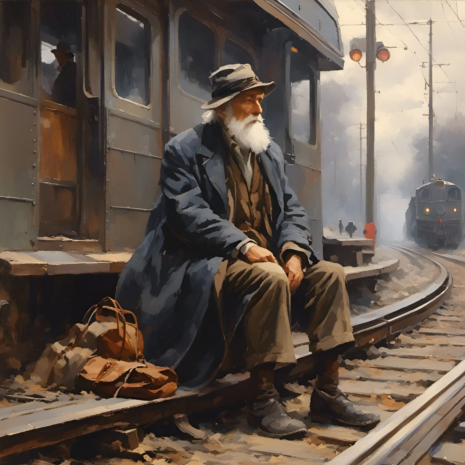 Hyperrealistic Old Man at Train Stop in 8k