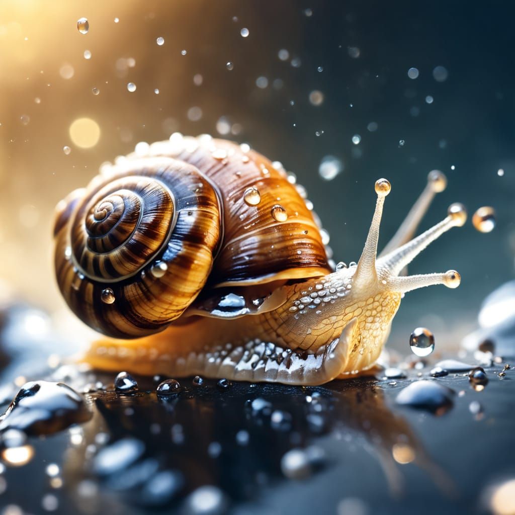 Macro Photo of Snail with Glistening Water Droplets