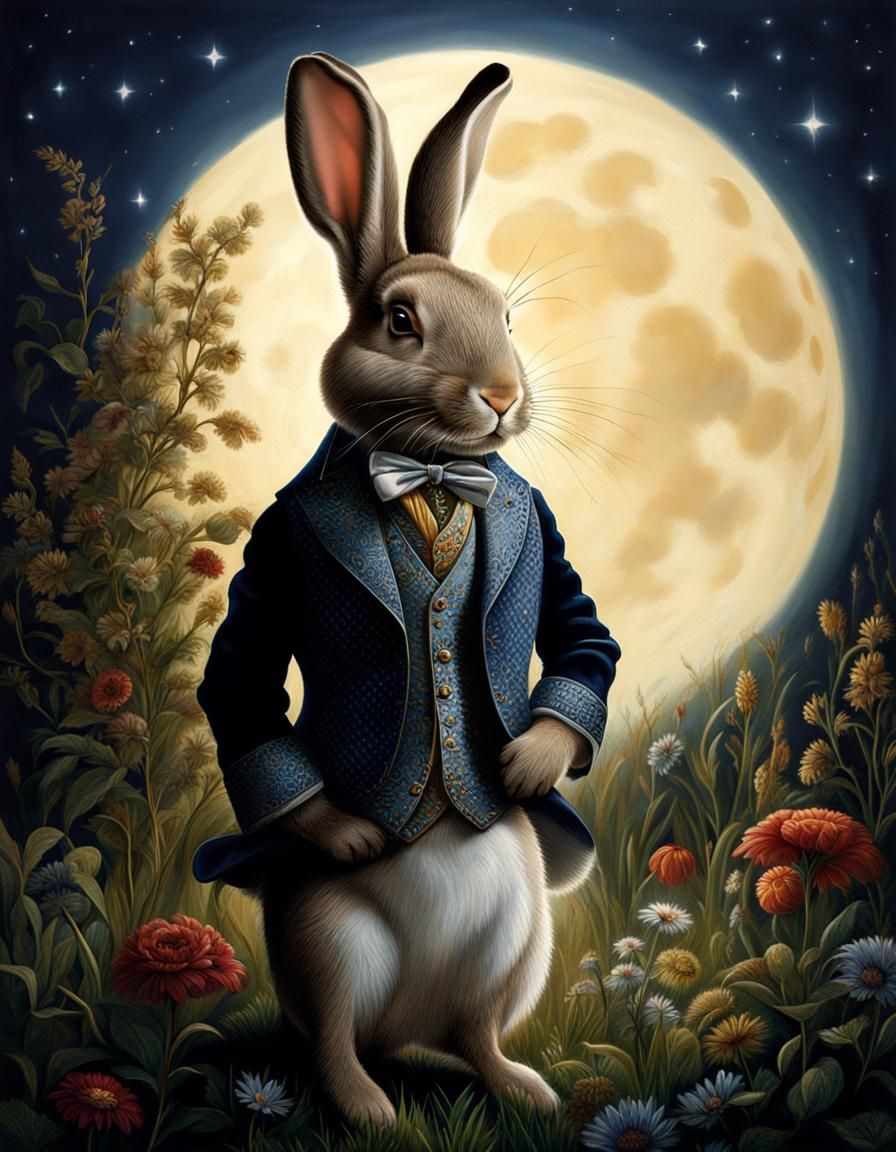 Rabbit in waistcoat in moonlight