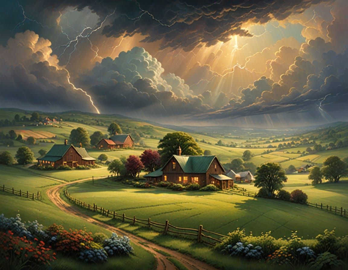 Ethereal Farm Thunderstorm in Dreamy Oil Painting