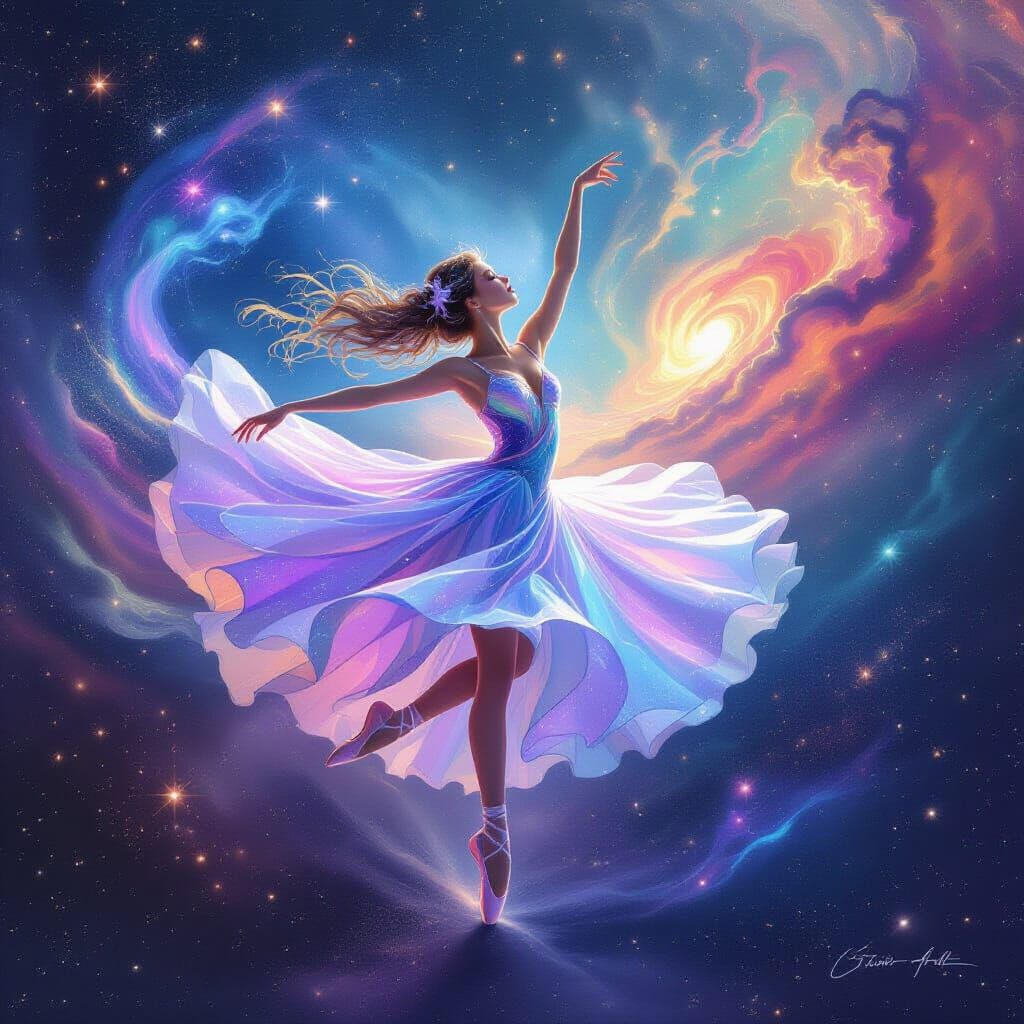 Ethereal Ballerina Dances Through Swirling Galaxies