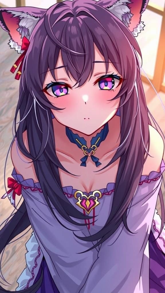 Gentle Anime Girl in Ethereal Lavender Locks and Purple Eyes...