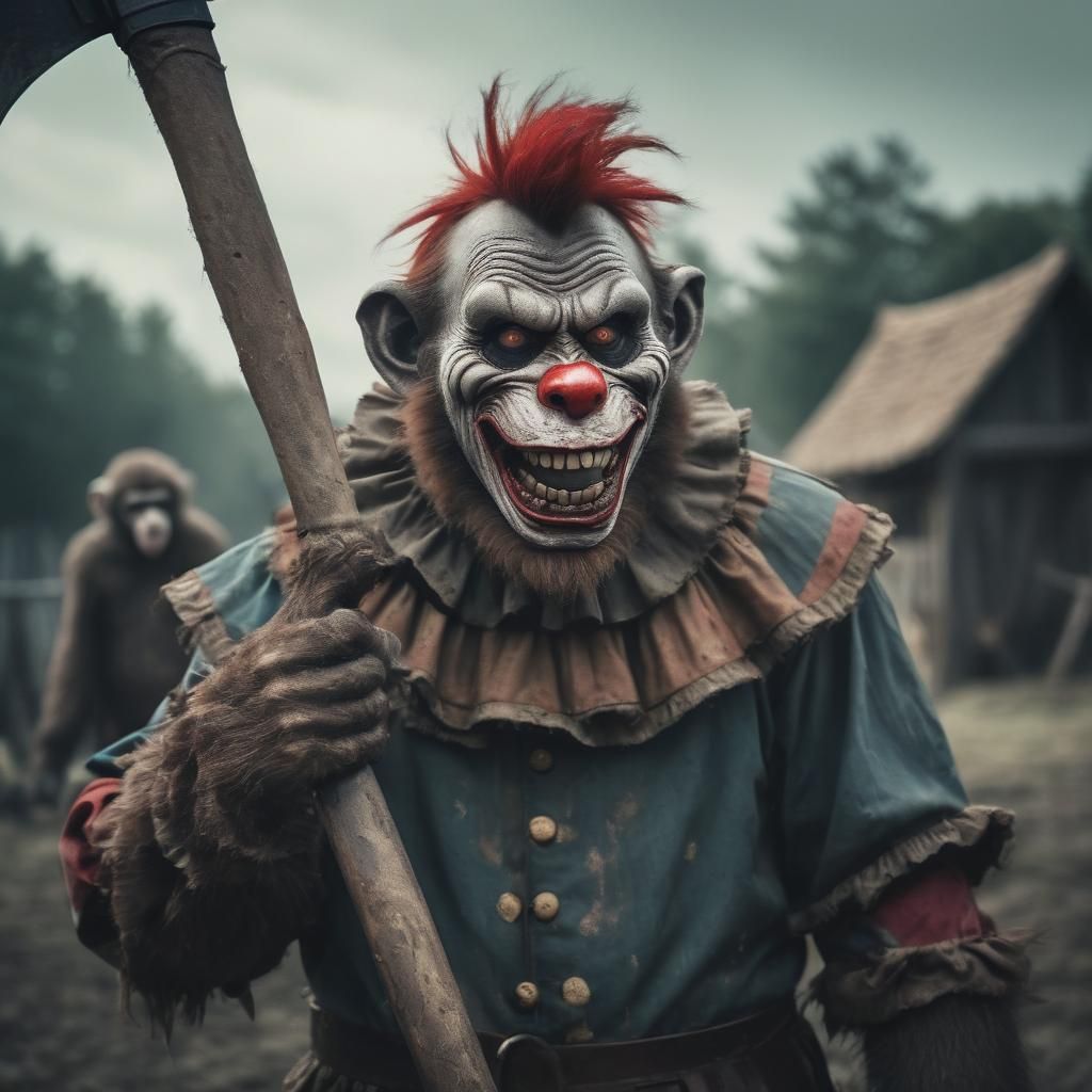 Zombie Monkey Clown Executioner with Axe: Cinematic Still