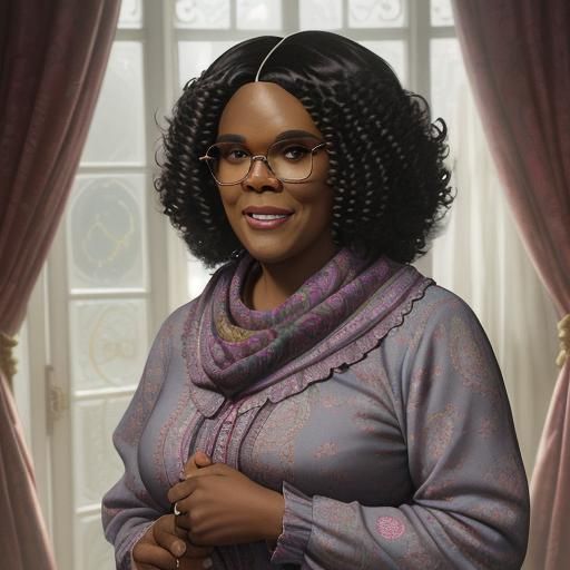 Madea Portrait with Wig, Scarf, and Mischievous Grin
