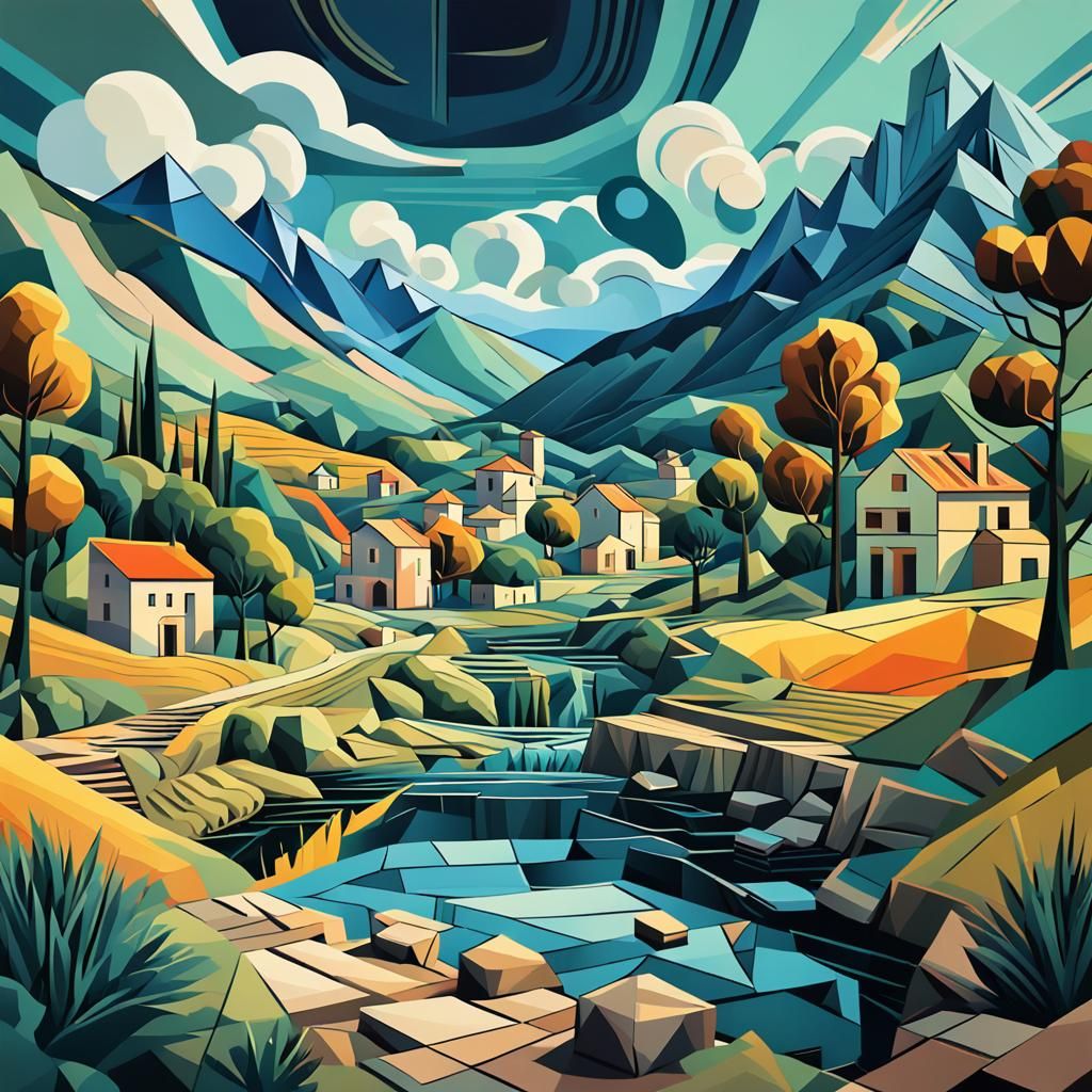 Geometric Landscape Inspired by Cubism and Fauvism