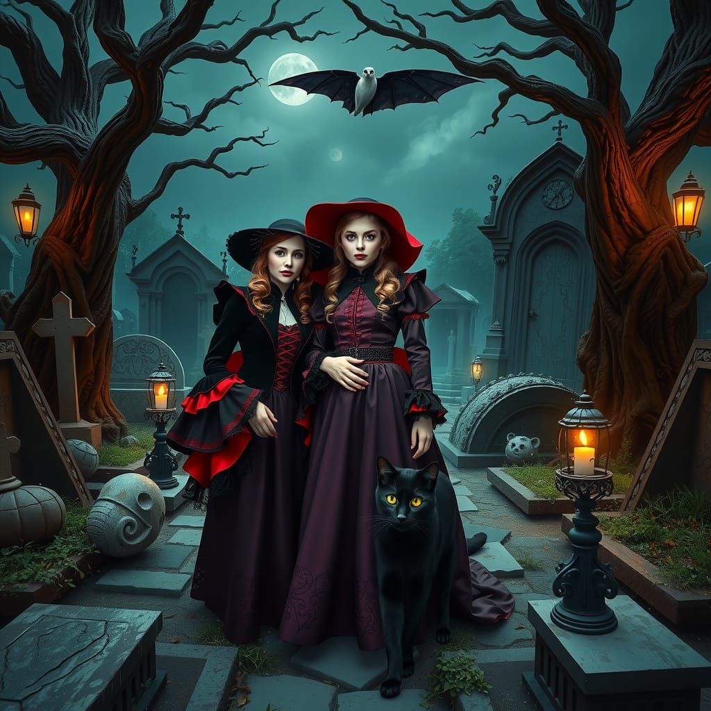 Sisters of the Dark Victorian Era in Whimsical Cemetery