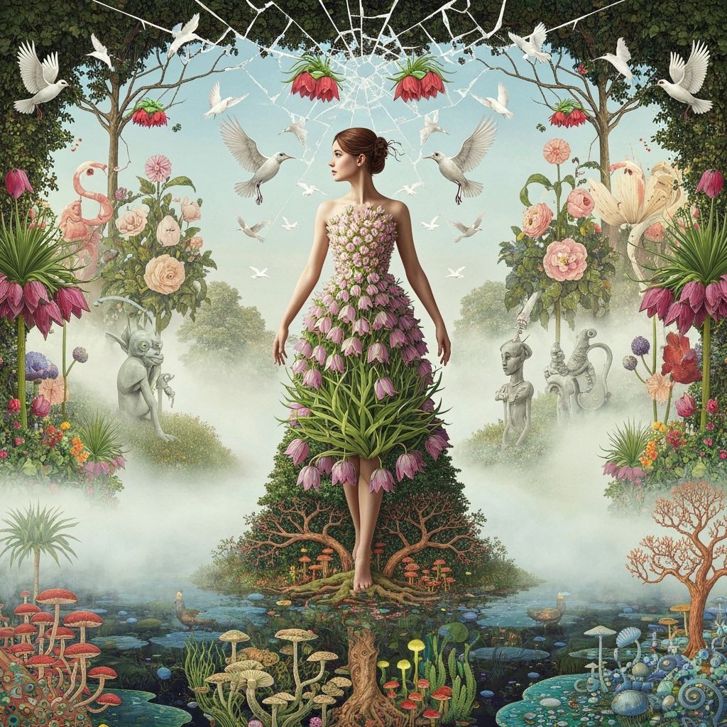 Woman in Fritillaria Dress in Surreal Landscape