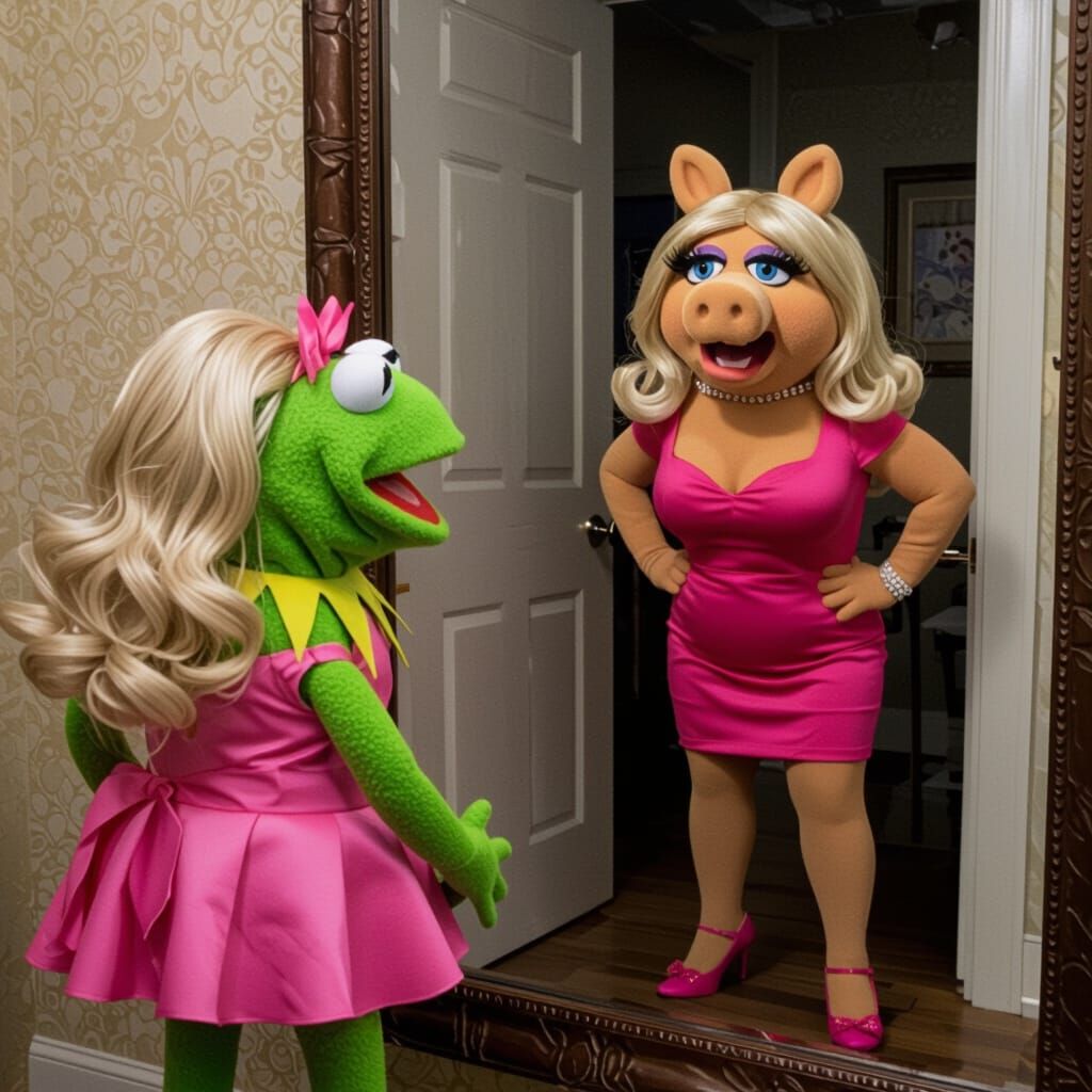 Kermit the Frog in Miss Piggy Costume Caught by Real Miss Pi...