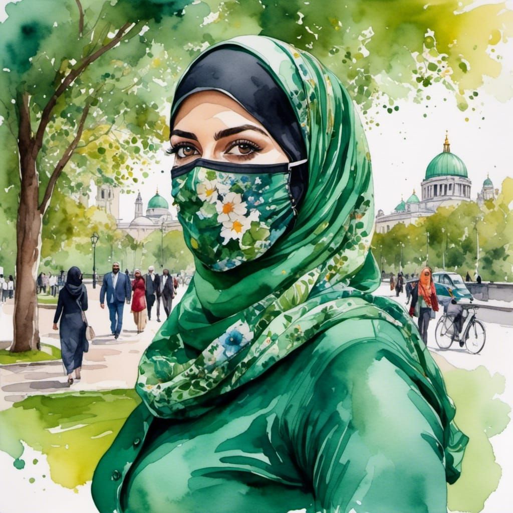 Irish Woman in Green Hijab, Watercolor Portrait
