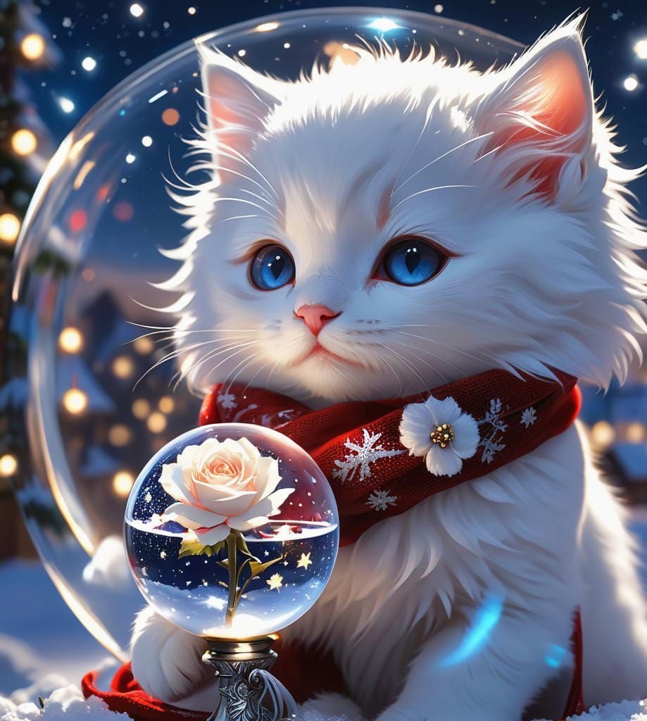Glowing Kitten in Starry Night Sky with Rose and Crystal Orb