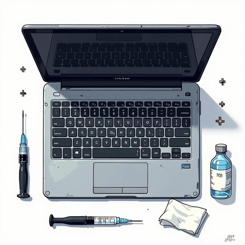 Exploded Laptop Diagram with Tools in Technical Illustration