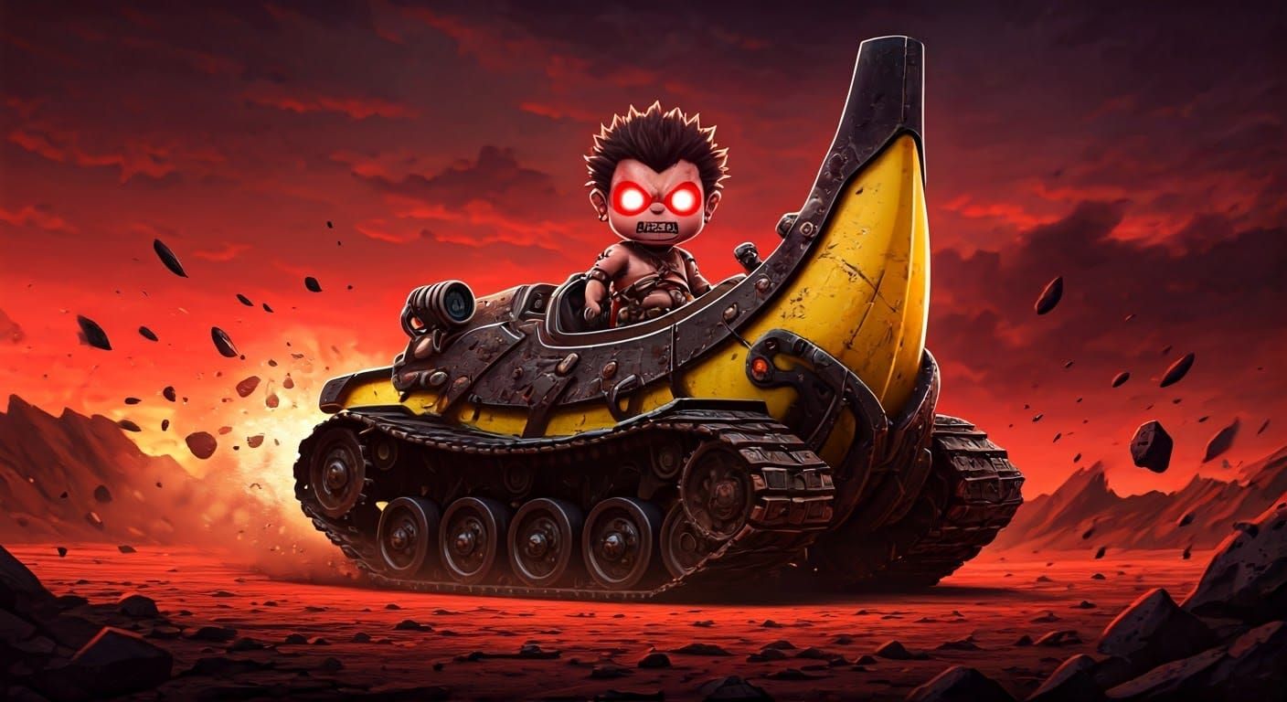Chibi Cyborg Caveman Races Banana Tank in Wasteland