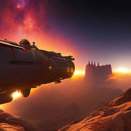 UFO Emerges from Stamp in Retro Outer Space Vista