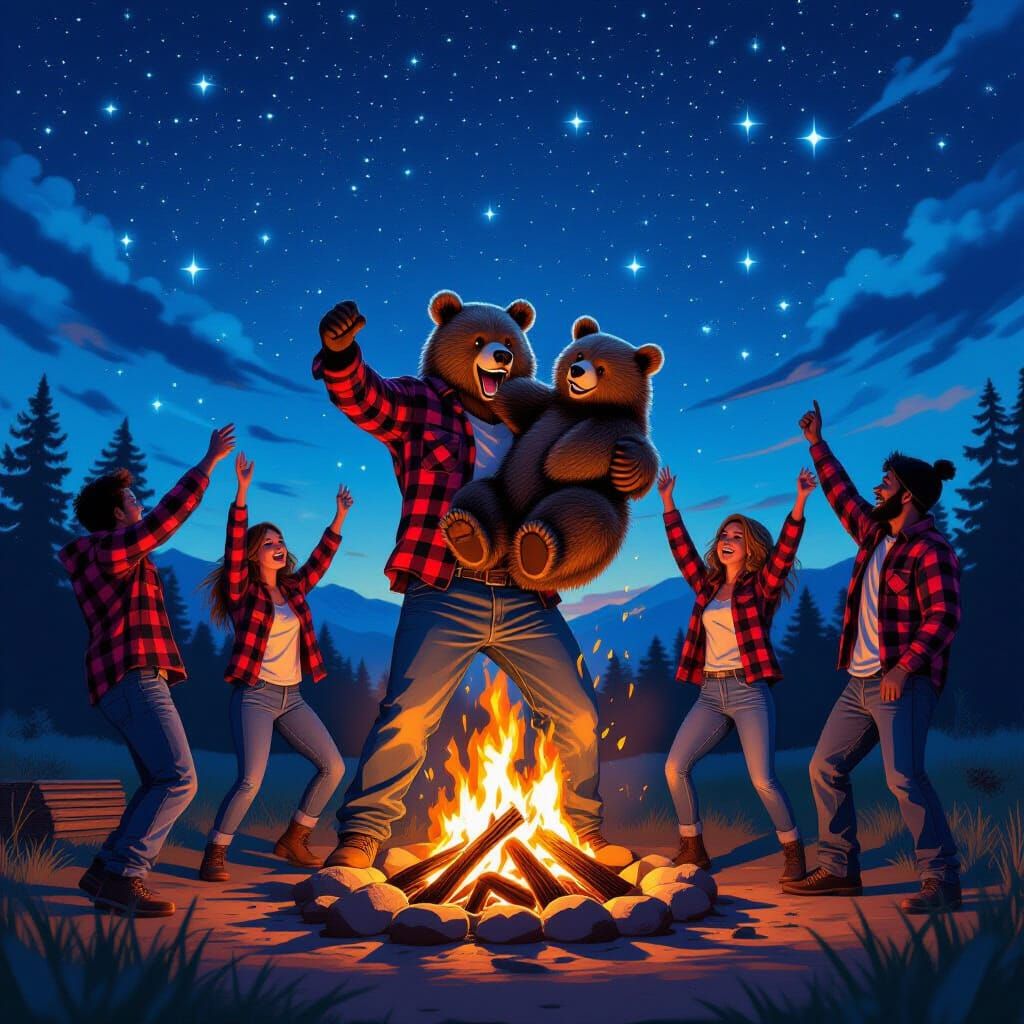 Bots Dancing Around Bonfire in Cyberpunk Style