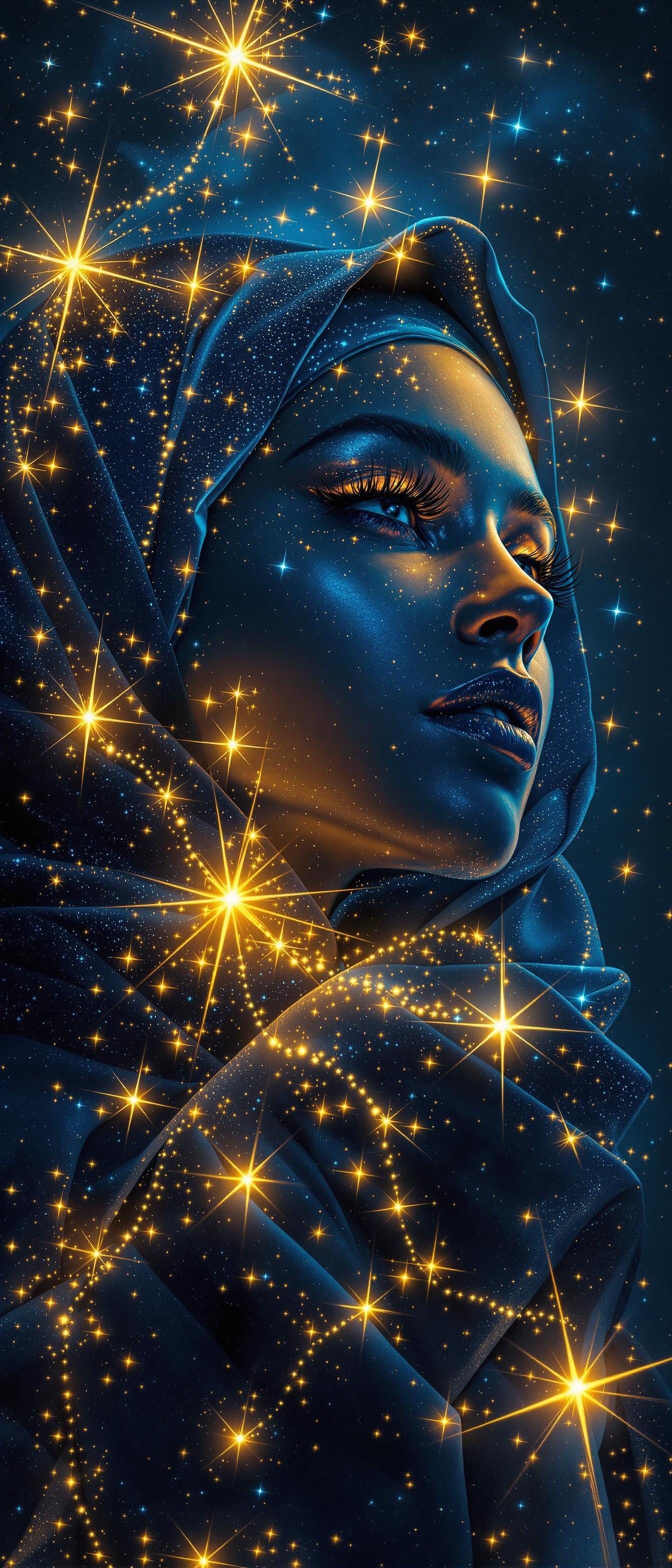 Mysterious Woman Surrounded by Celestial Bodies in Hyperreal...
