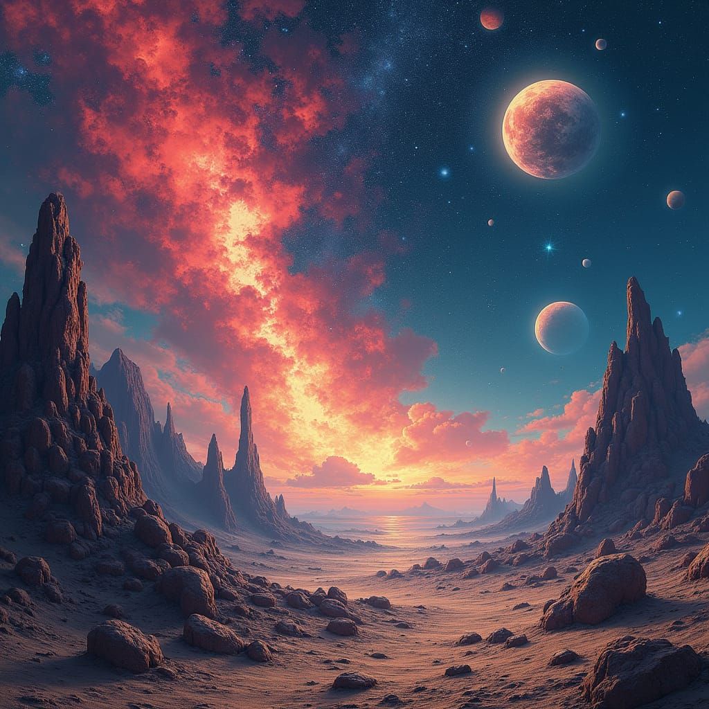 Vibrant Space Landscape with Exploding Planets