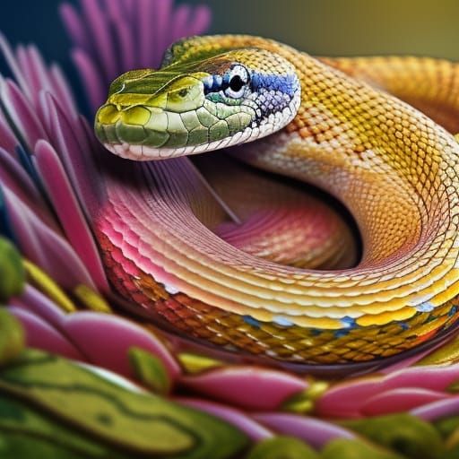 Colorful Baby Snake Sleeping on Flower, Macro