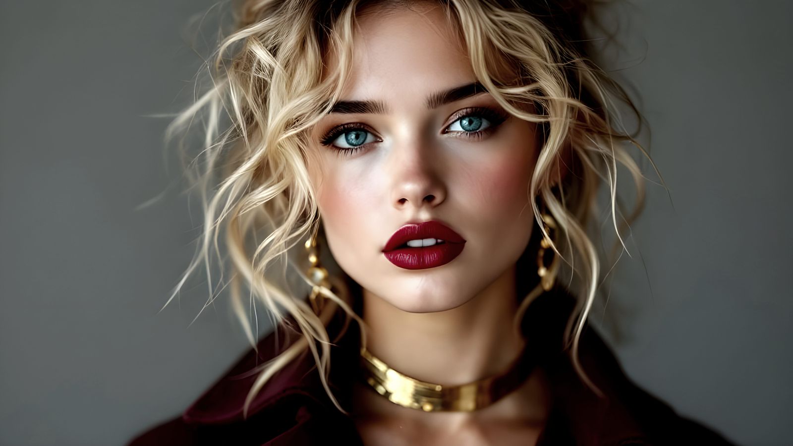 Elegant Woman Portrait with Burgundy Lips and Gold Jewelry