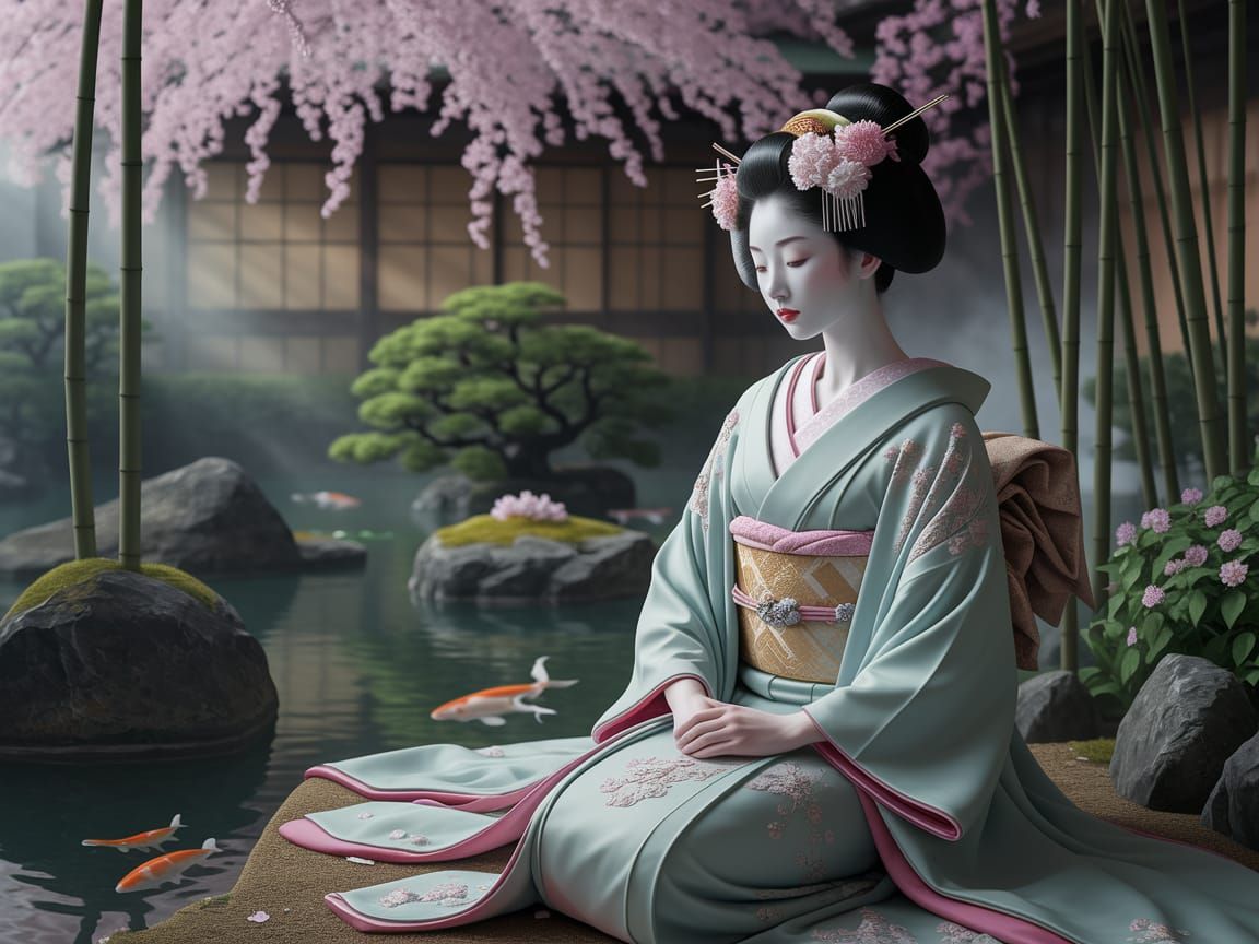 Geisha in Japanese Garden, Art Nouveau Style