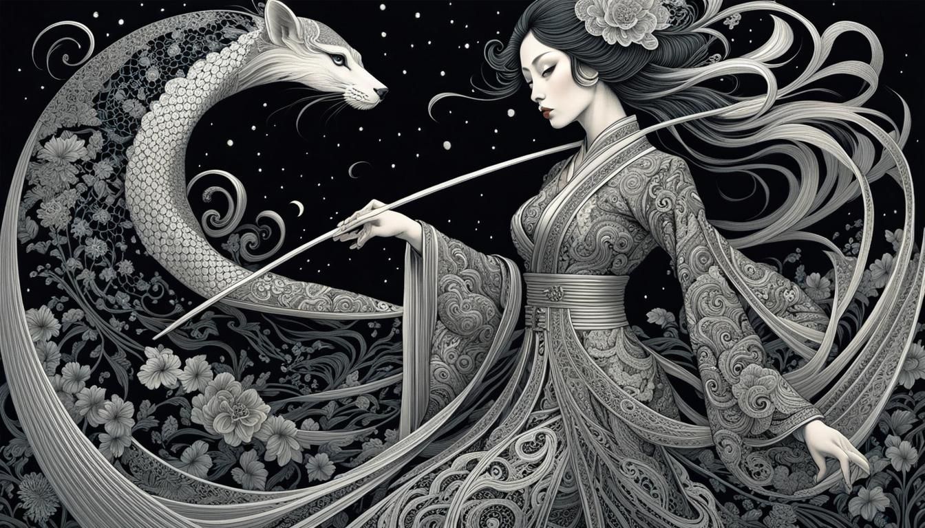 Bioluminescent Retropunk Maiden in Ukiyo-e Style