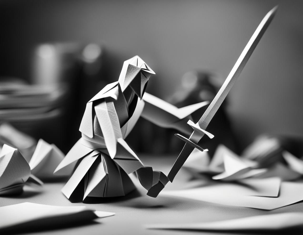 Papercraft Sword Forging: Origami Man in Black and White