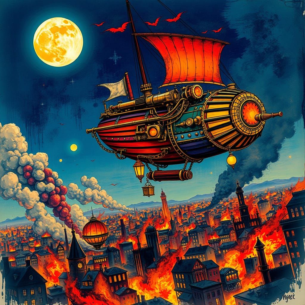 Steampunk Airship Soars Through a City in Flames