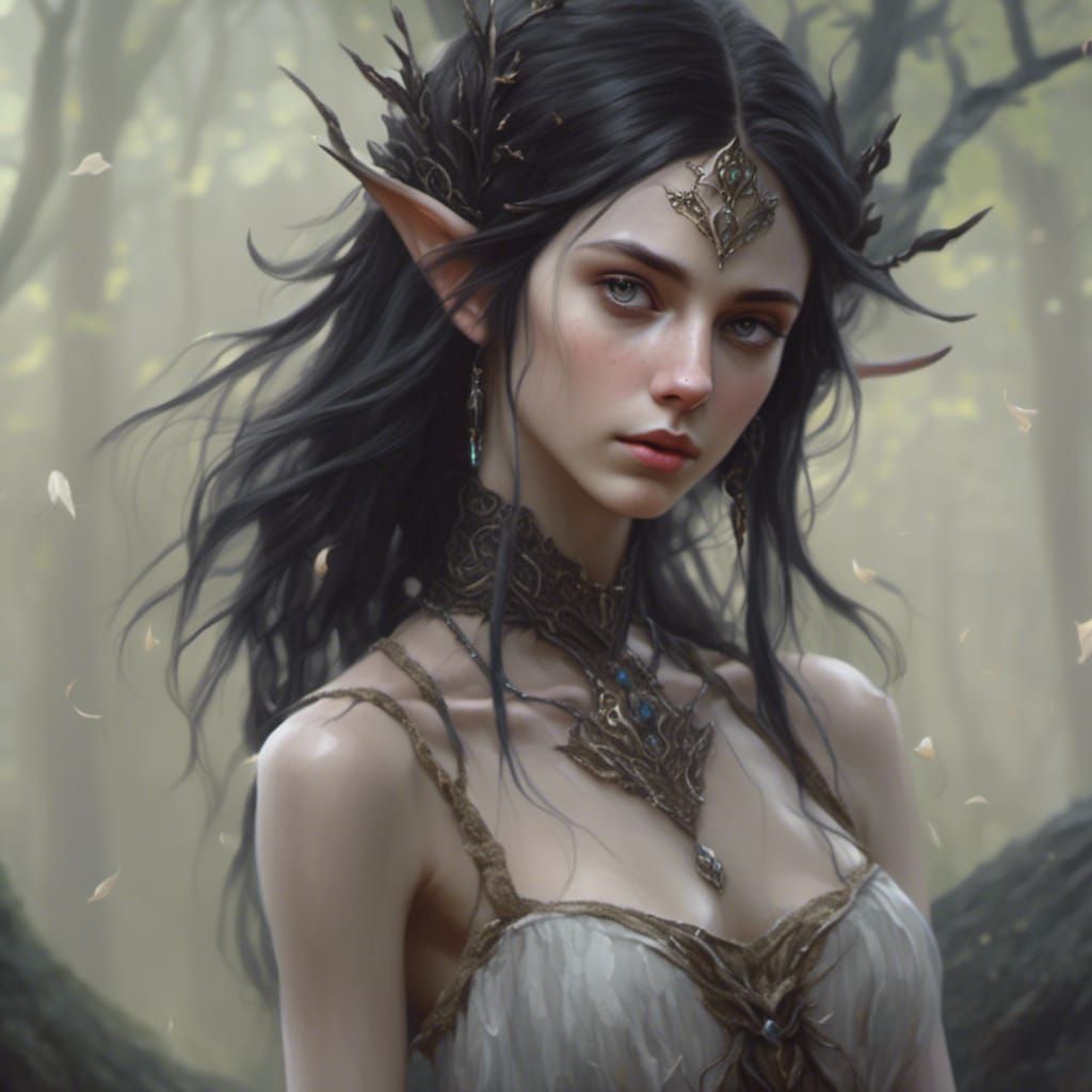 Hyperrealistic Young High Elf in Wooded Scene