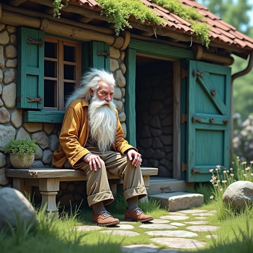 Old Man at Cottage: Hyperdetailed Charcoal Drawing