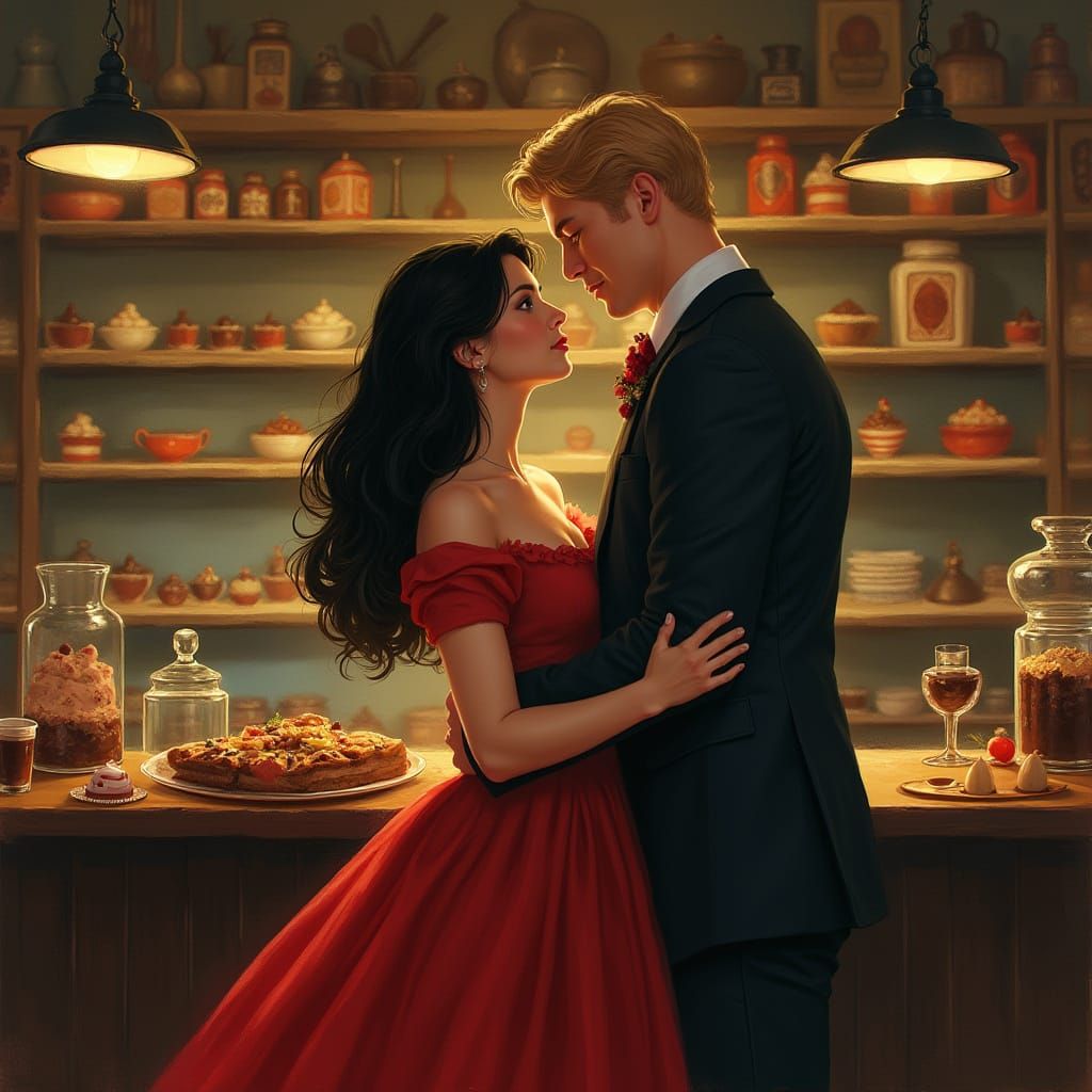 Romantic Embrace in Chocolate Shop, Expressive Realism