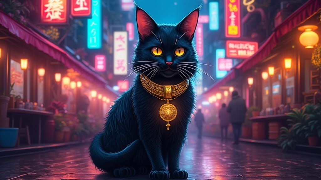 <lora:Colouring In Book:1.0> The Bastet Cat walking down a street in Hong KOng.