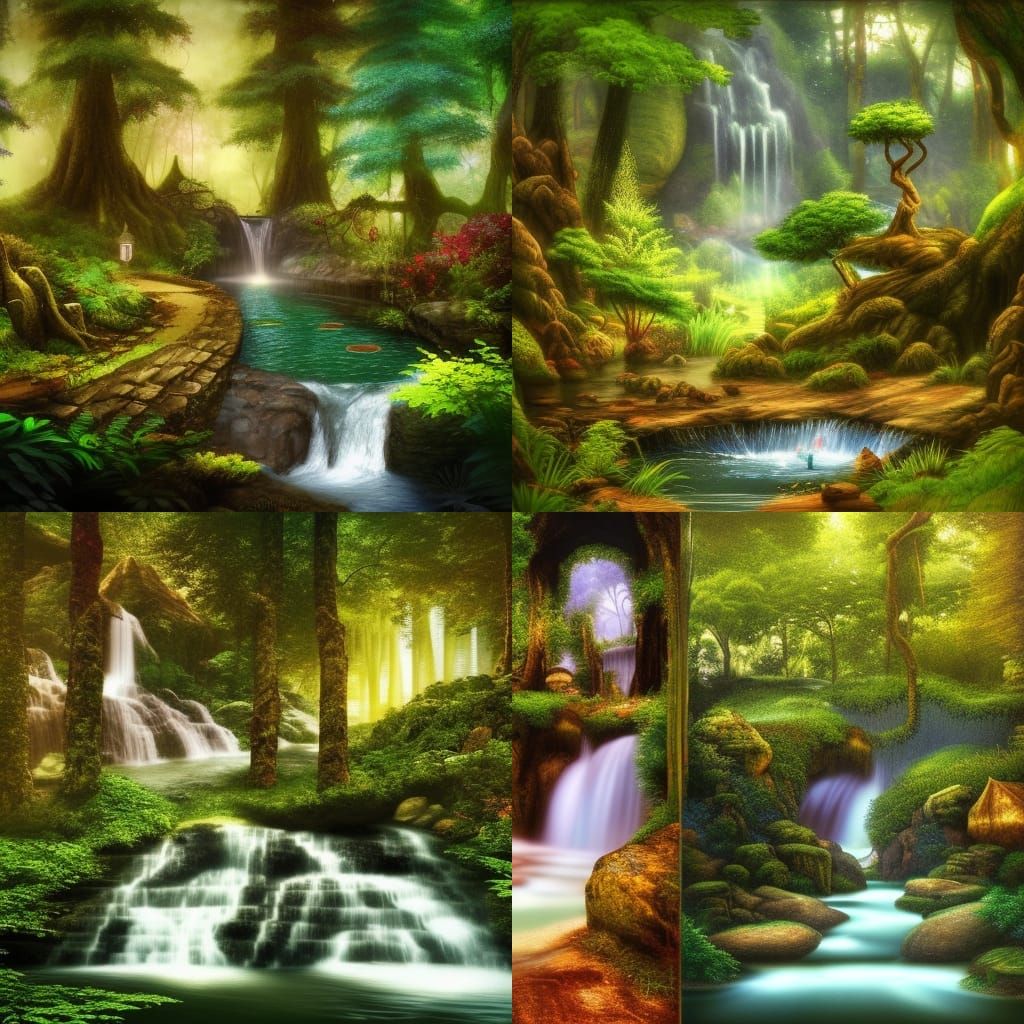 Temple Path Through a Colorful Forest Waterfall