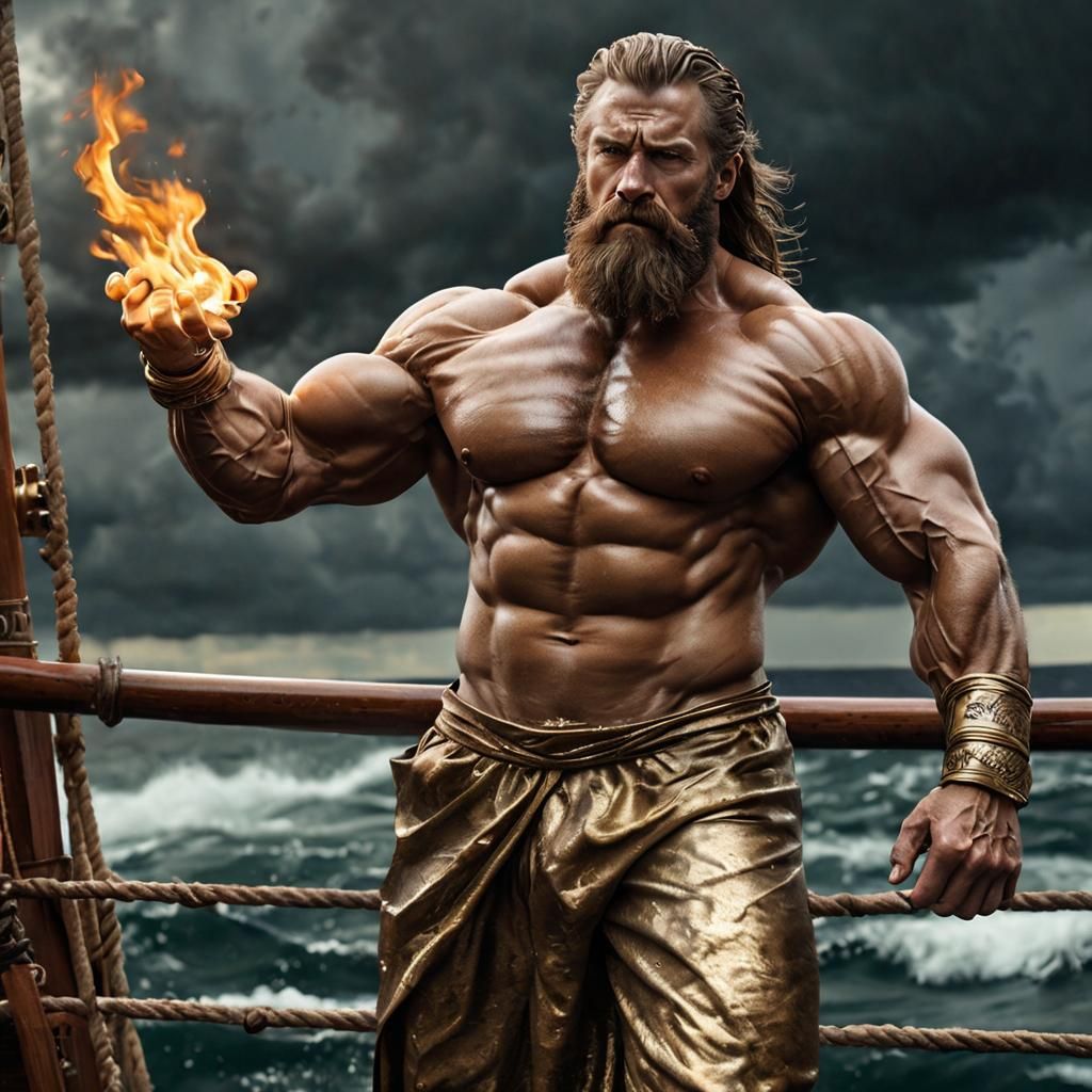 Weathered Bodybuilder Commands Stormy Seas