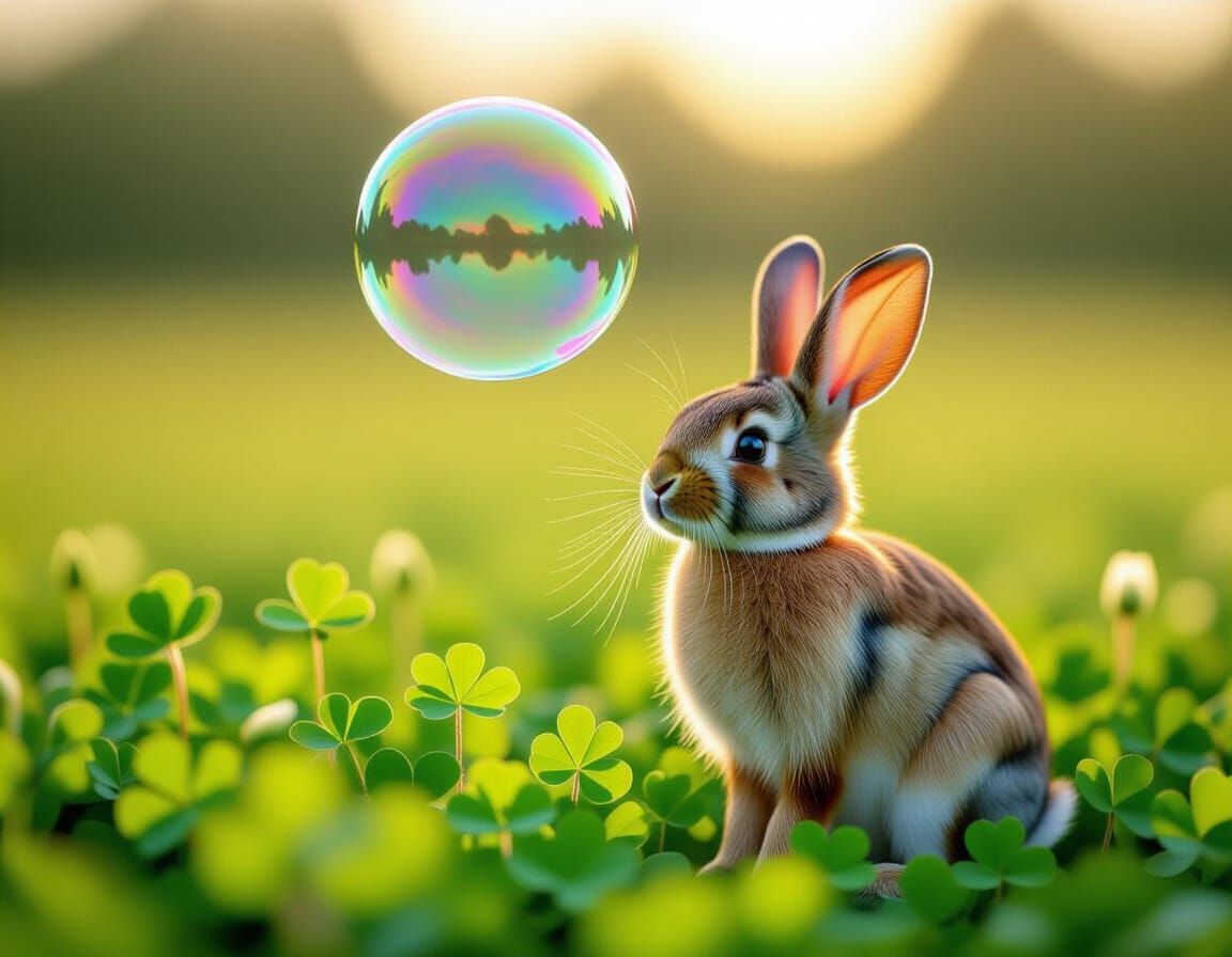 Hyperrealistic Rabbit in Clover Field with Dream Bubble
