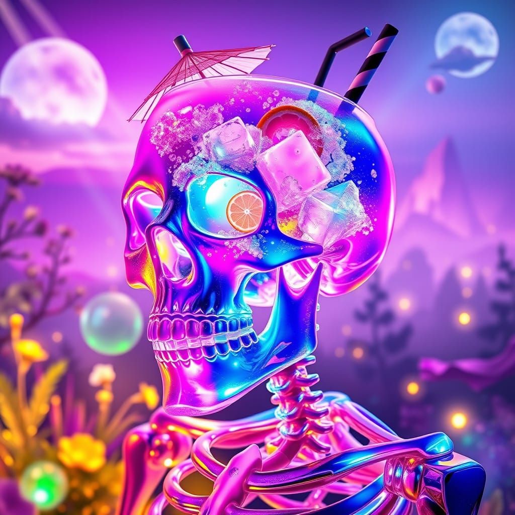 Crystal Skeleton with Bioluminescent Cocktail Skull