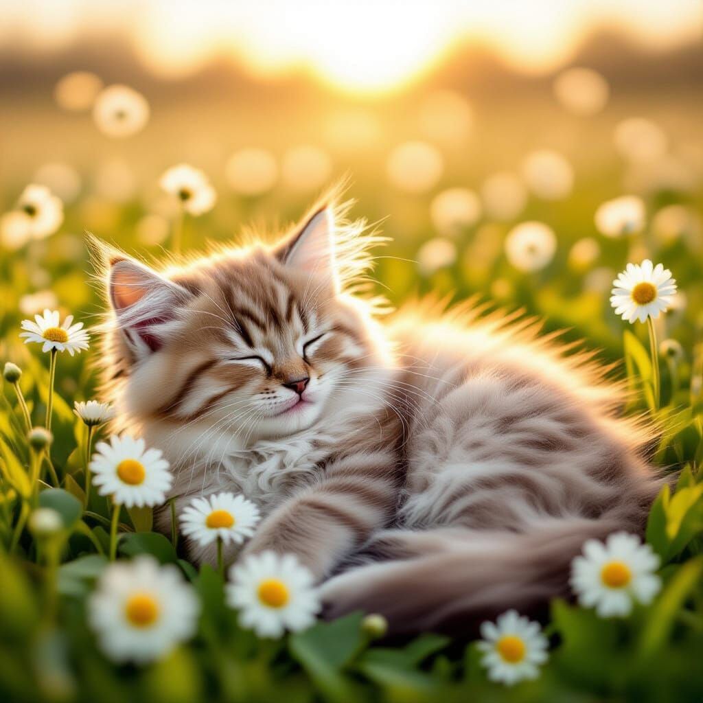Himalayan Kitten Sleeping in Daisy Field in Tonalist Style