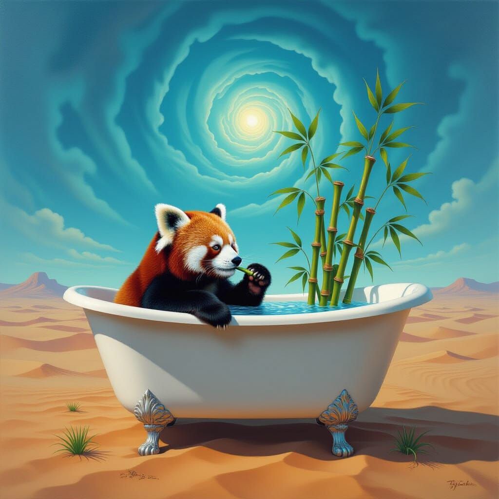 Surreal Oil Painting of Red Panda in Bathtub