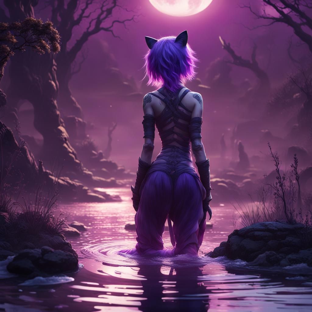 Cheshire Cat Girl Crying in Apocalyptic River