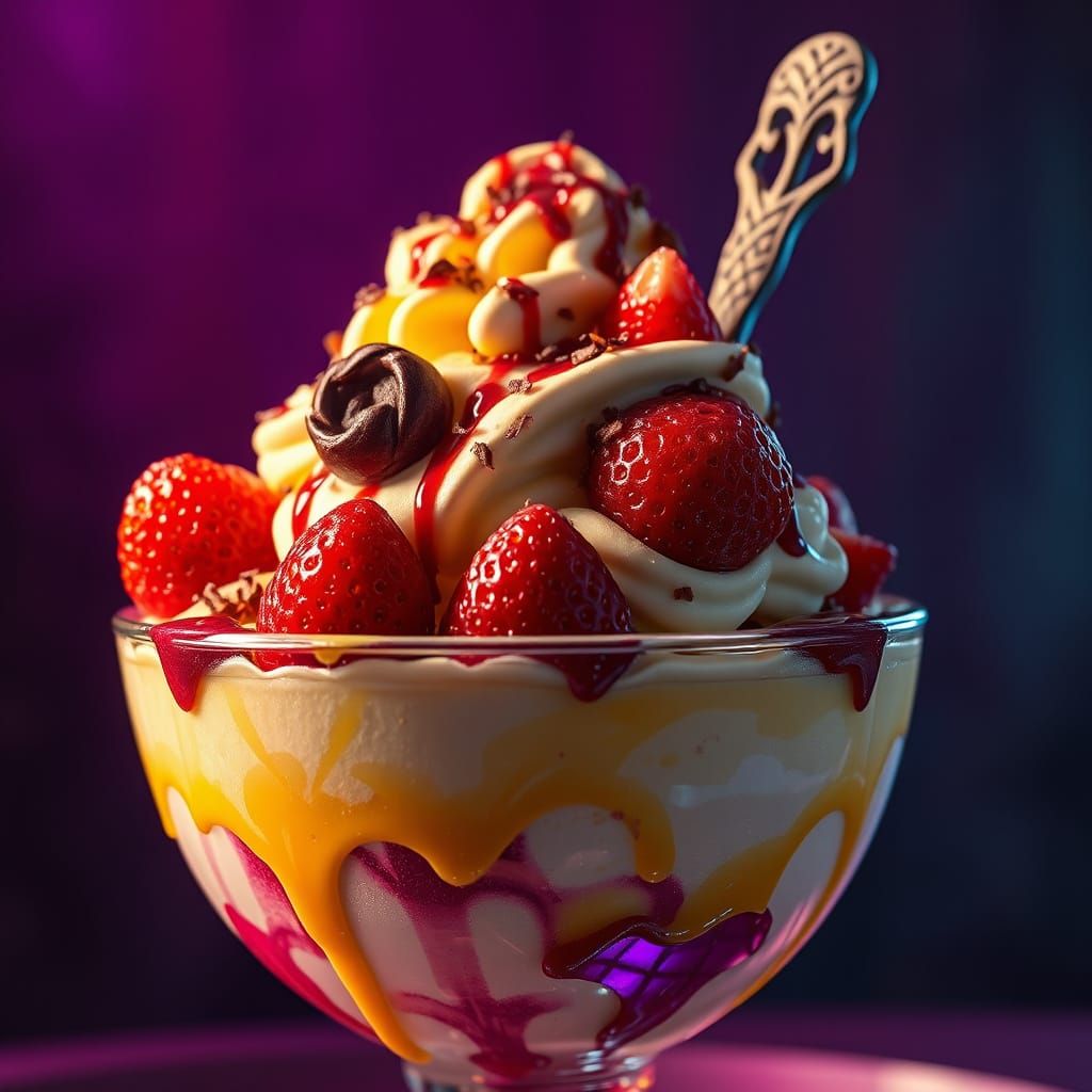 Decadent Strawberry Sundae in Dark Fantasy Style