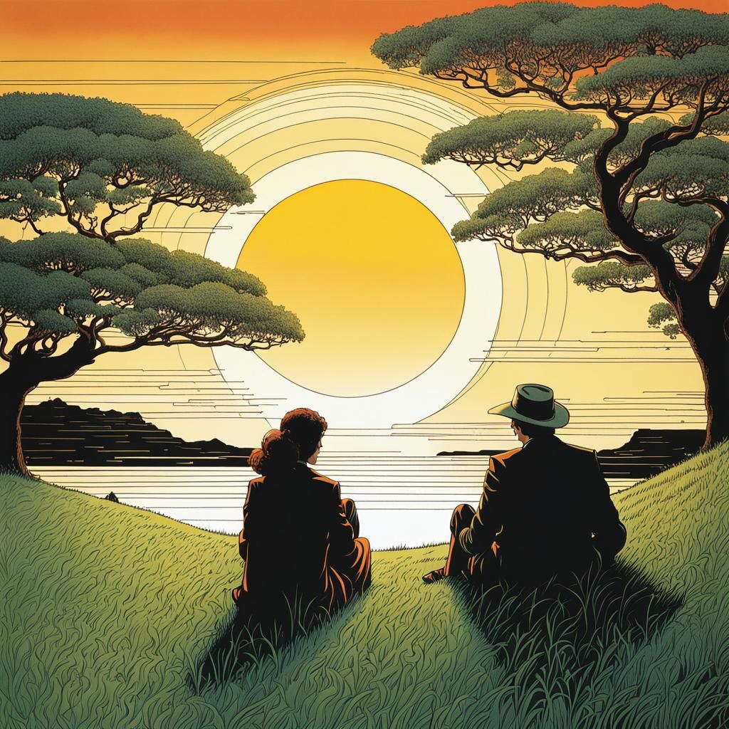 Couple Watching Sunset, Moebius Illustration