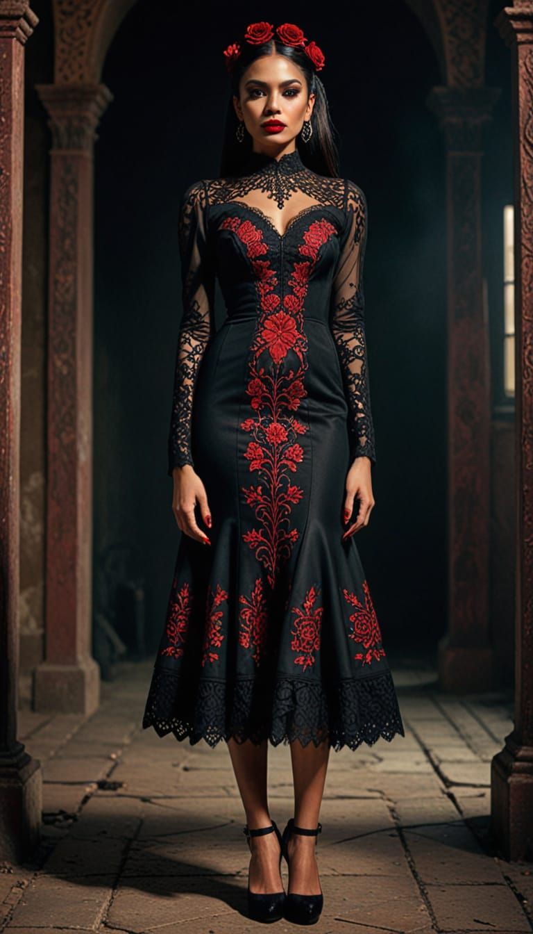 Gothic Goddess in Crimson Embroidery