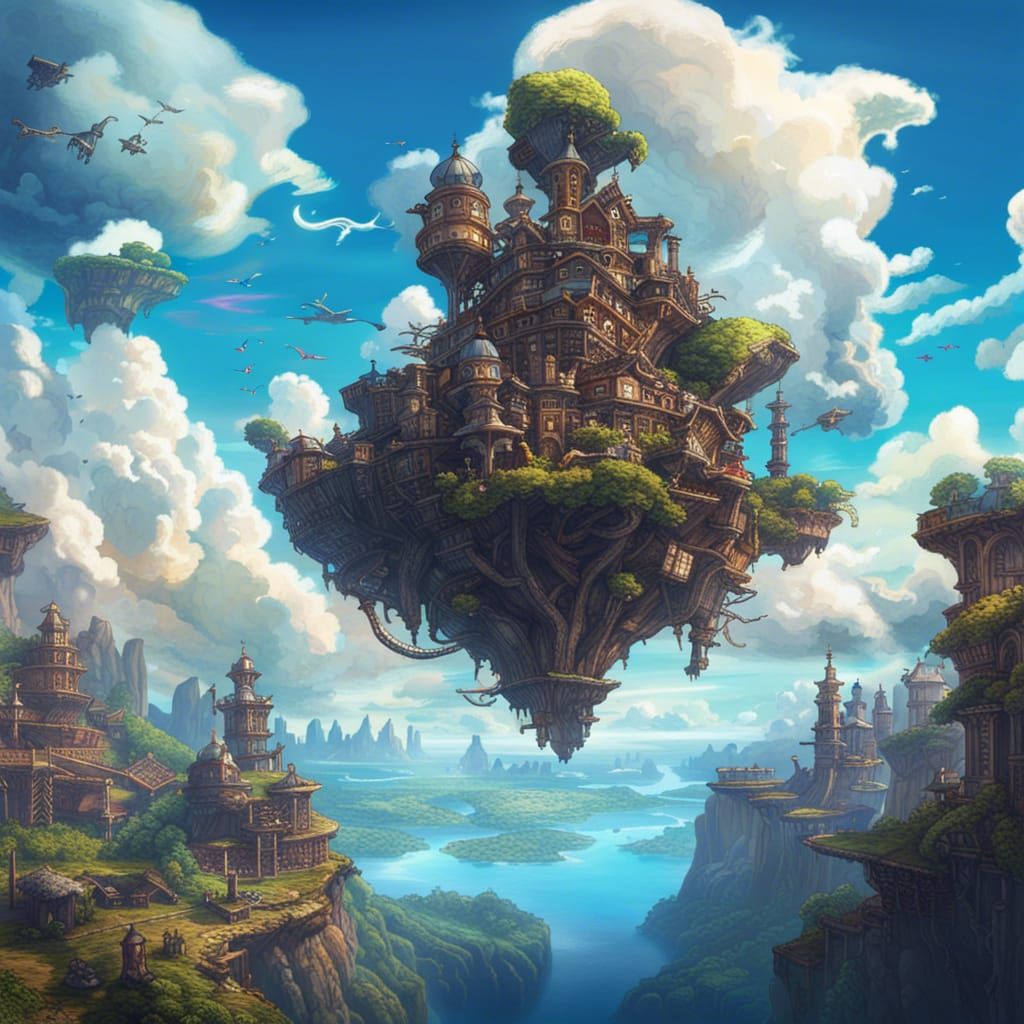 Steampunk Flying Island in the Sky, Lush Fantasy Art