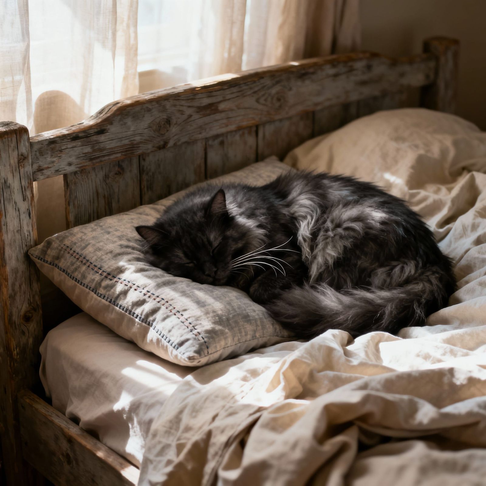 Photorealistic Fluffy Black Cat Sleeping on Pillow
