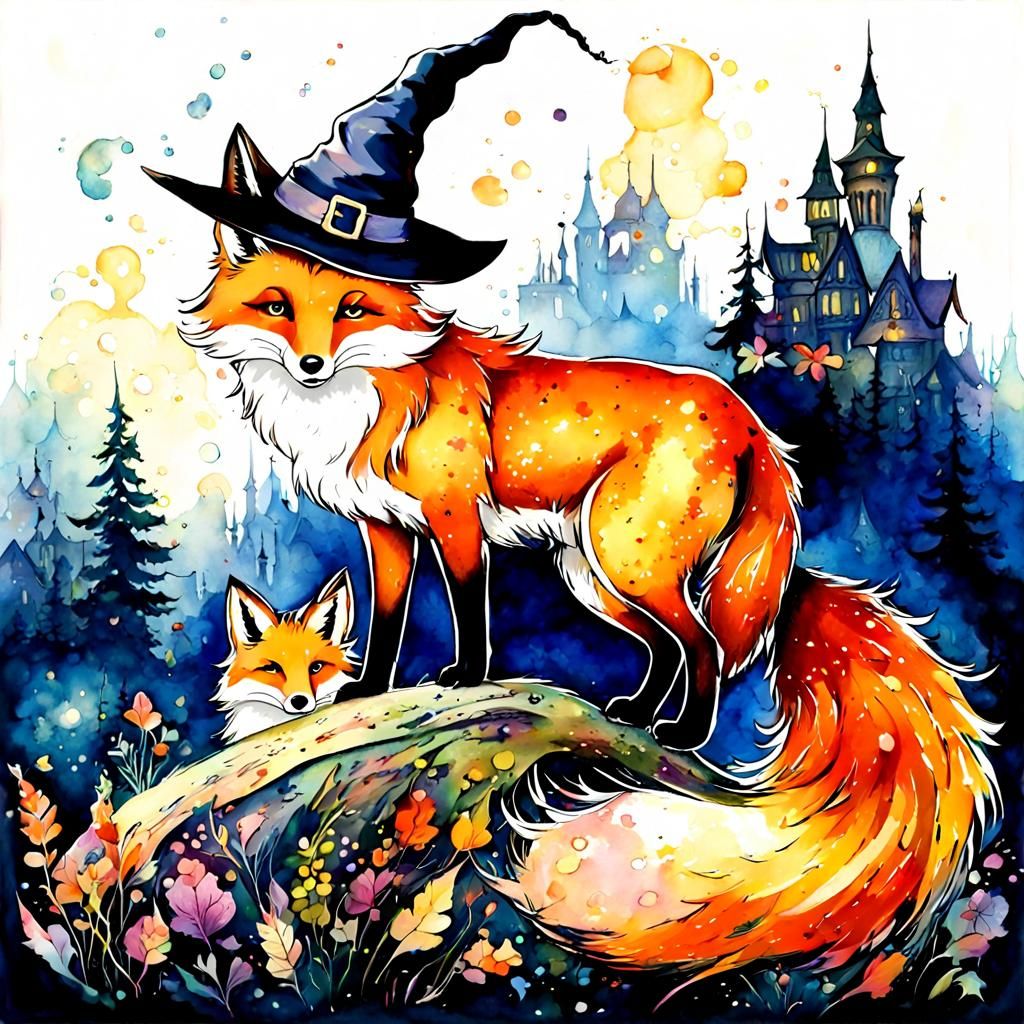 Witches and Fox in Watercolor Fairytale