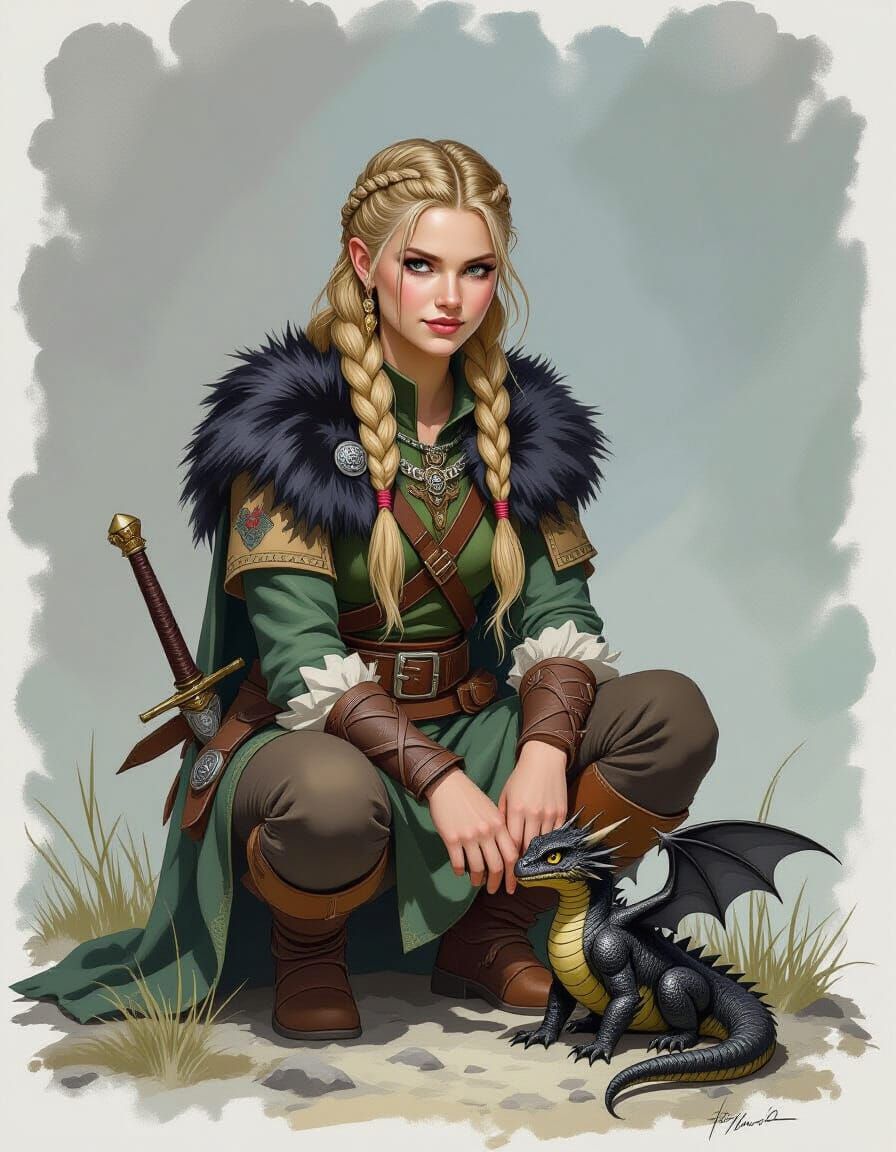 Young Viking Woman With Small Black Dragon Companion