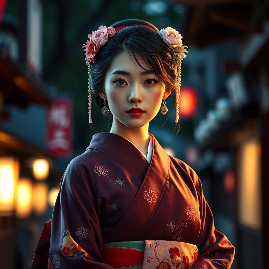 Japanese Geisha in Kimono, Hyper-Realistic Detail
