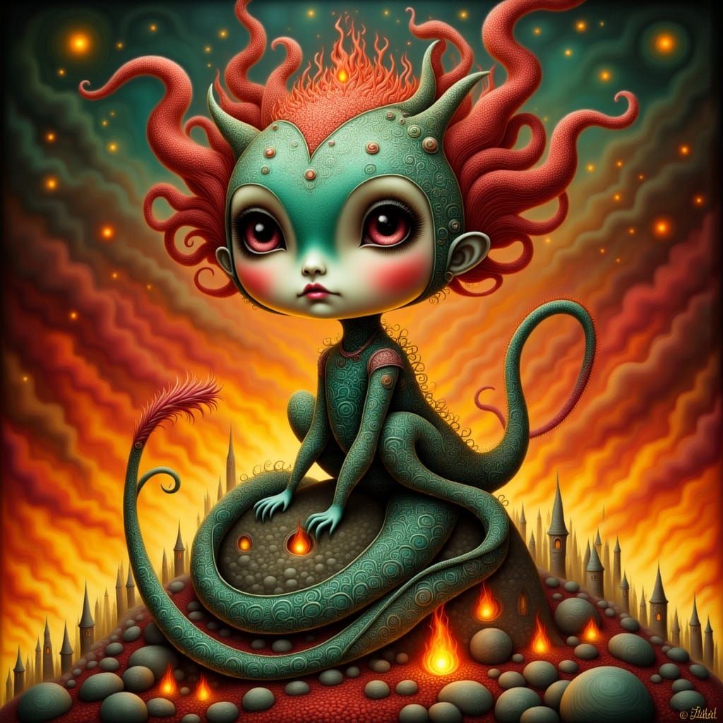 Fiery Dragon Infant in Industrial Art Nouveau Style