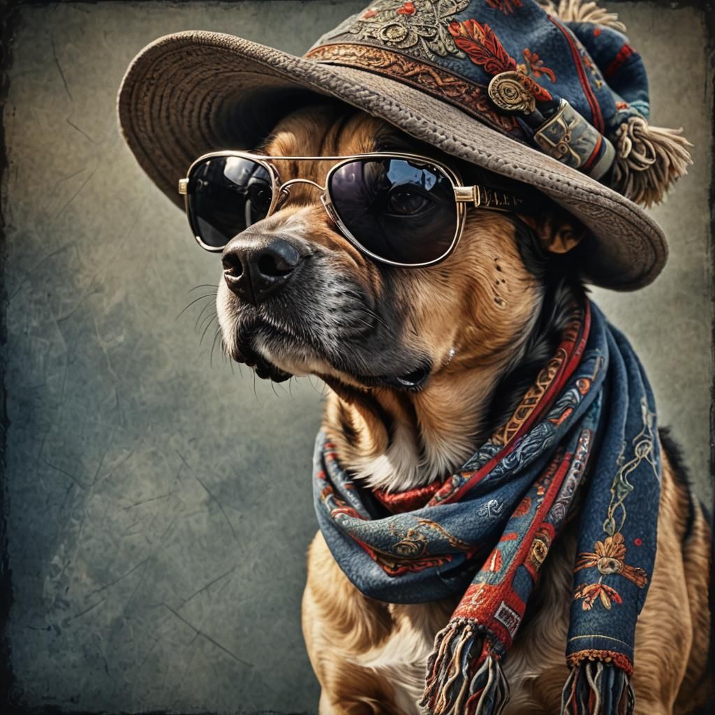 Dog in Sunglasses, Hats and Scarves: Hyperrealistic Photo