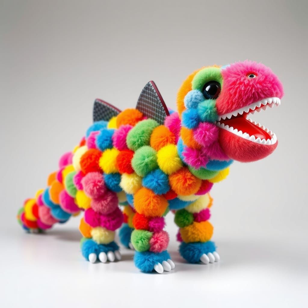 Whimsical Pom Pom Dinosaur Sculpture in Pop Art Style