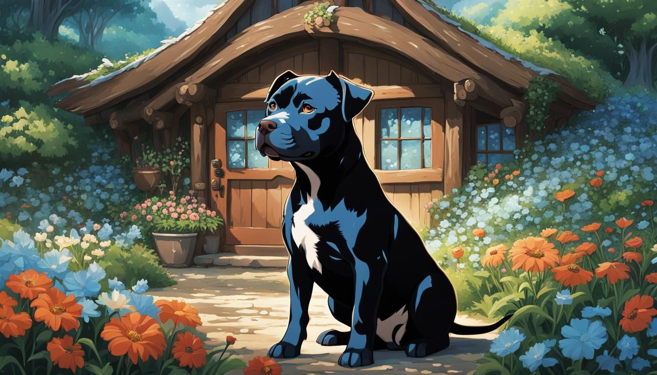 Pitbull Puppy Outside Hobbit Home, Anime Style
